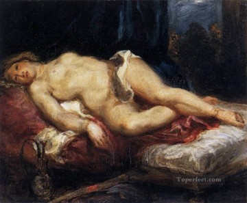 ウジェーヌ・ドラクロワ Painting - 長椅子に横たわるオダリスク ロマンチックなユージン・ドラクロワ